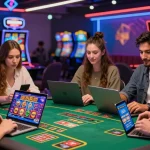 Engaging online gambling scene illustrating players enjoying casinos that accept credit cards, with colorful game graphics and modern atmosphere.
