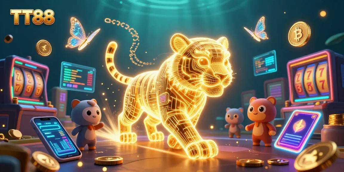 Engage with TT88, featuring a dynamic 3D golden tiger amid vibrant slot reels in a digital casino.