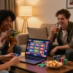 Friends sharing credit card casino reviews while gaming online in a cozy living room.