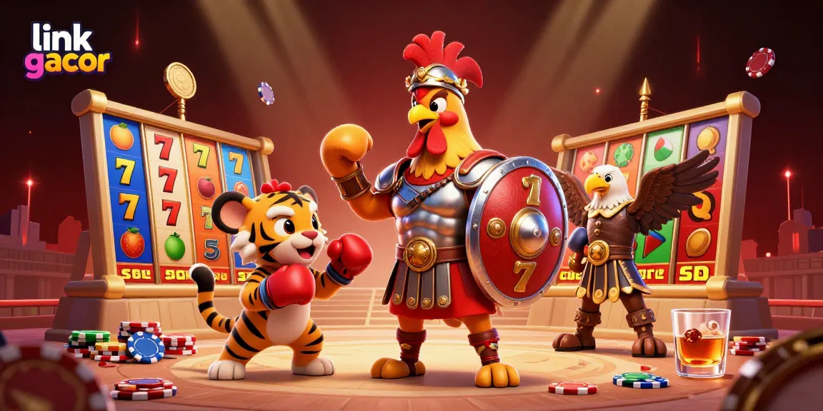 Experience thrilling action with link gacor amidst vivid slot reels, poker chips, and dazzling lights.