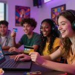 Friends enjoying a fun gaming night with casinos that accept credit cards, vibrant atmosphere and online casino graphics.