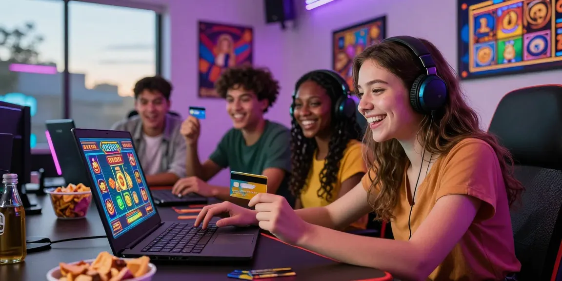 Friends enjoying a fun gaming night with casinos that accept credit cards, vibrant atmosphere and online casino graphics.