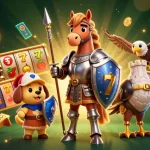 Engage at credit card casinos UK with thrilling slot reels and playful characters in a vibrant scene.