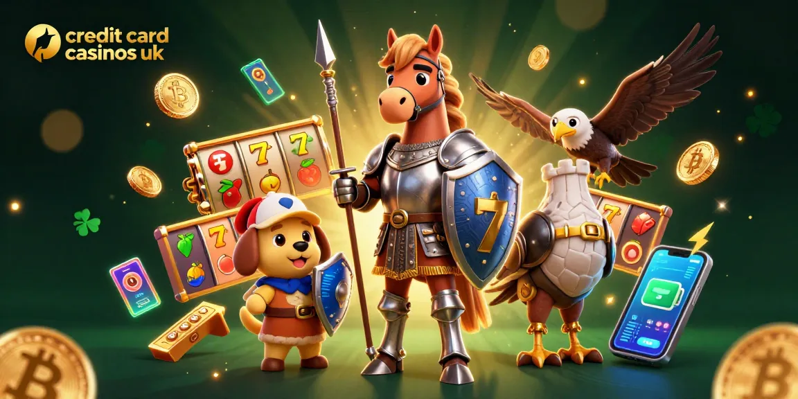 Engage at credit card casinos UK with thrilling slot reels and playful characters in a vibrant scene.