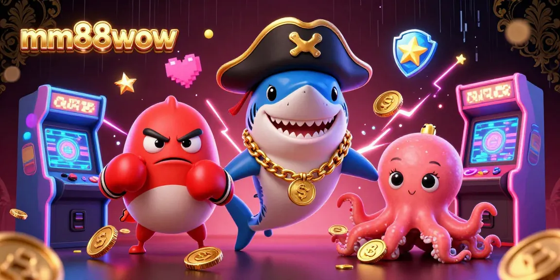 Engage with the vibrant mm88wow casino scene, featuring adorable pirate shark, pufferfish, and octopus amidst gaming excitement.