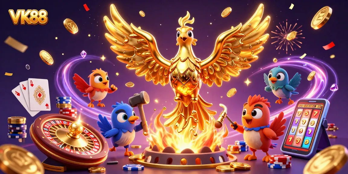 Experience the thrill of winning at VK88 with golden coins, roulette wheels, and festive celebrations.