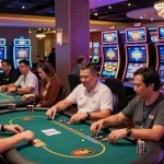Dynamic players enjoying credit card casino reviews at vibrant online gaming stations.