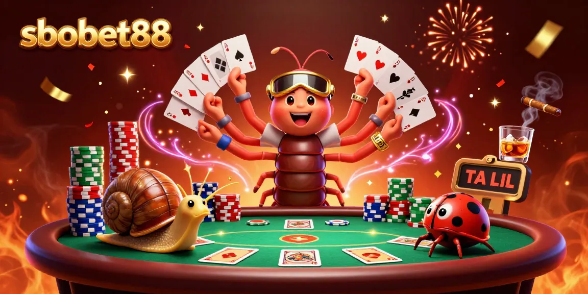 Engage in thrilling poker action with sbobet88's lively casino illustration featuring vibrant characters and dynamic gameplay.