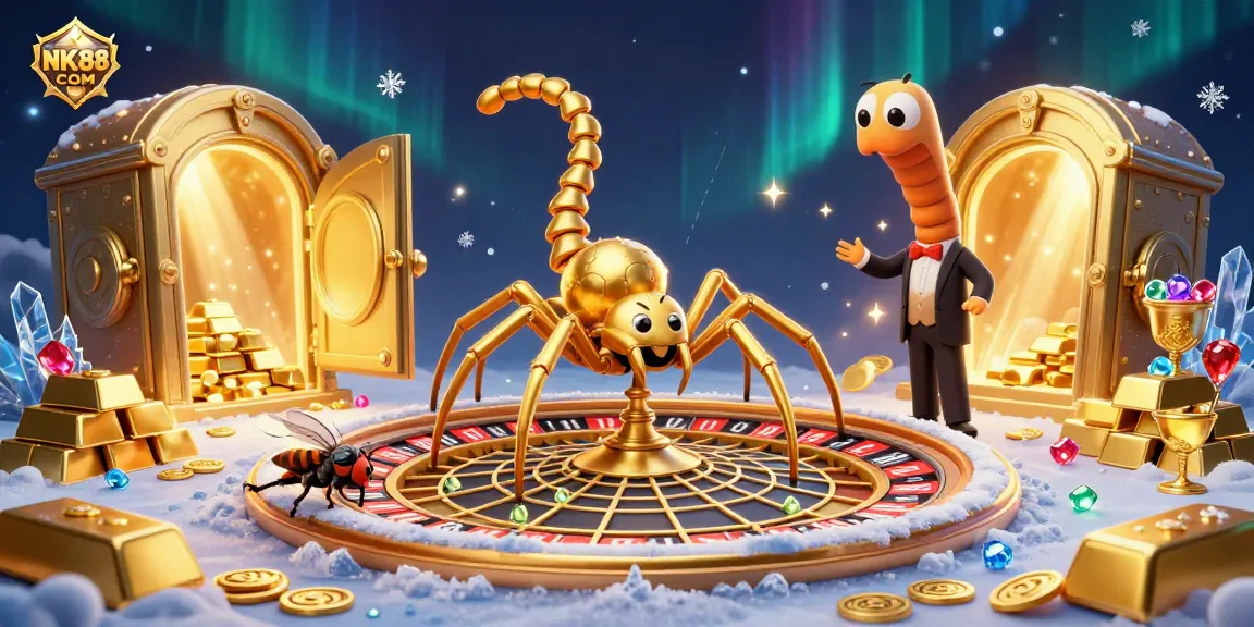 Engage in the thrilling action of NK88 COM with a vibrant 3D casino scene featuring a golden spider, gaming treasures, and dynamic effects.