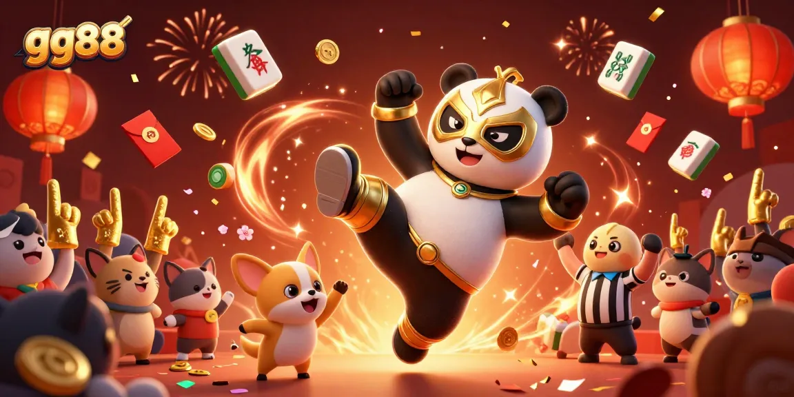 Engage in exciting gg88 cockfighting action with a vibrant and dynamic celebration scene featuring mascot panda and chihuahua.