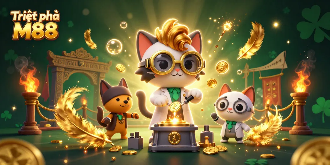 Triệt phá M88 in an exciting casino scene with mad scientist cat and loyal dog creating gold coins.