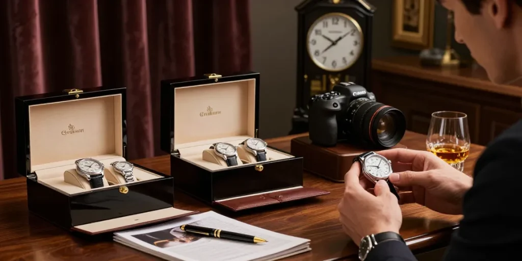 Replica watch inspection in a luxurious setup with elegant timepieces and accessories.