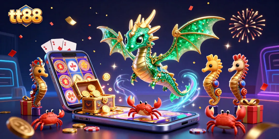 Experience the excitement of tt88 with a vibrant 3D illustration showcasing a sea dragon and casino games.
