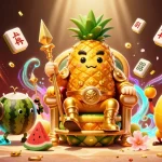 Playing at nk88ok's vibrant casino with a golden pineapple king and entertaining jester.