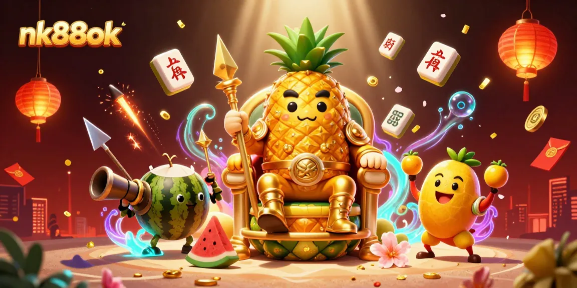 Playing at nk88ok's vibrant casino with a golden pineapple king and entertaining jester.