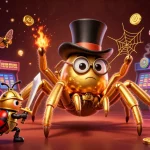 Cổng game sunwin showcases a golden spider weaving luck with vibrant casino elements around a beetle knight.
