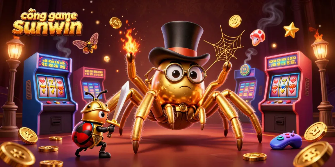 Cổng game sunwin showcases a golden spider weaving luck with vibrant casino elements around a beetle knight.