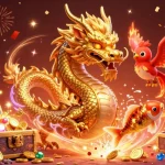 Experience the excitement at go88 with a cinematic illustration showcasing a golden dragon and charming phoenix amidst coins and cards.