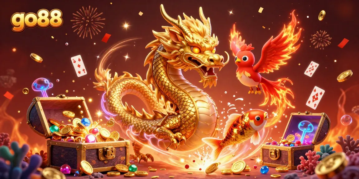 Experience the excitement at go88 with a cinematic illustration showcasing a golden dragon and charming phoenix amidst coins and cards.