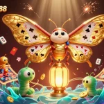 Experience nhacaiuytin88 with a vibrant casino-themed illustration of an atlas moth amidst dynamic gaming elements.