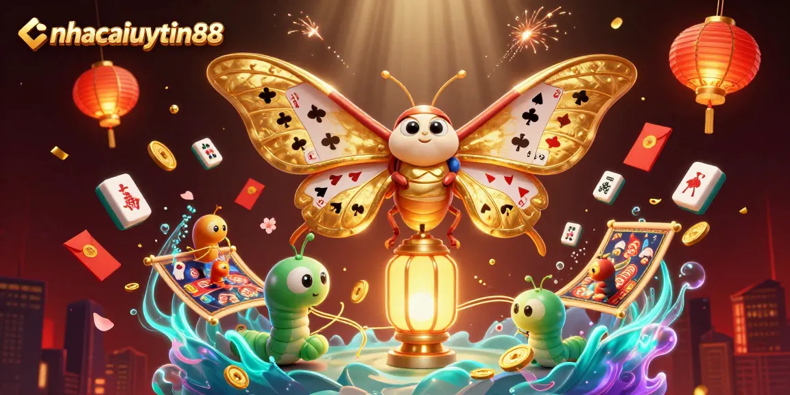Experience nhacaiuytin88 with a vibrant casino-themed illustration of an atlas moth amidst dynamic gaming elements.