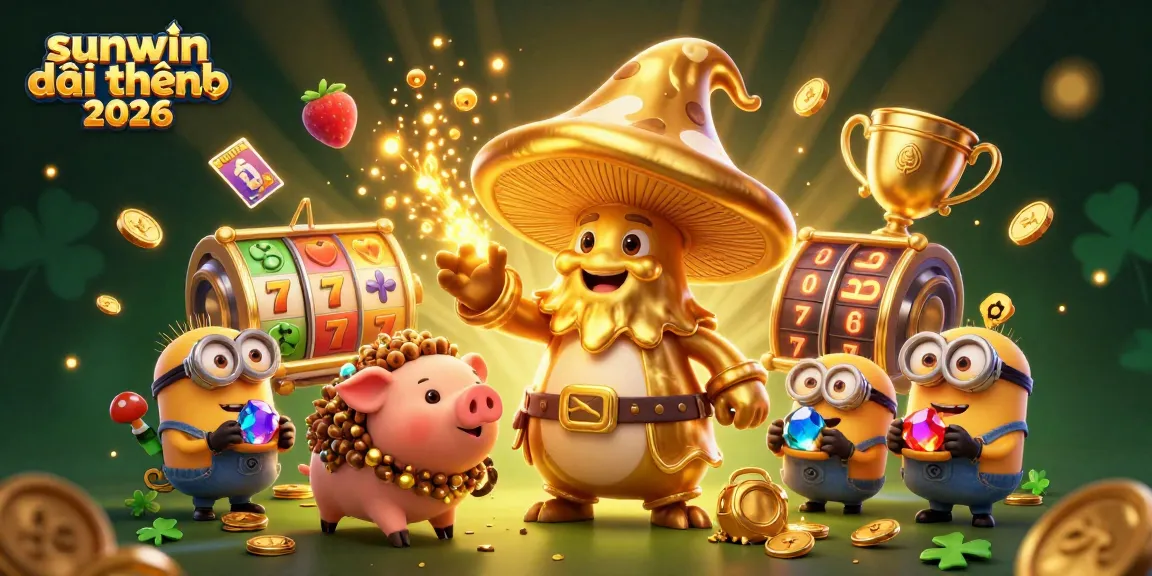 Experience the excitement of sunwin đổi thưởng 2026 with golden mushroom wizard and treasure-filled casino scene