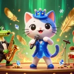 Experience the excitement of mv88 casino with a vibrant 3D illustration of playful characters amidst dynamic slot game elements.