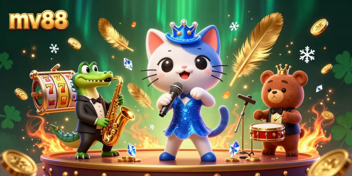 Experience the excitement of mv88 casino with a vibrant 3D illustration of playful characters amidst dynamic slot game elements.