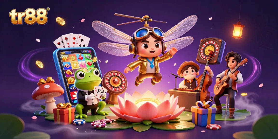 Experience tr88's vibrant gaming scene with a dragonfly pilot, frog dealer, and jazz crickets in action!