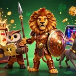 Experience thrilling gaming at MM88 with a vibrant 3D illustration featuring a Spartan lion, tactical owl, and swift greyhound.