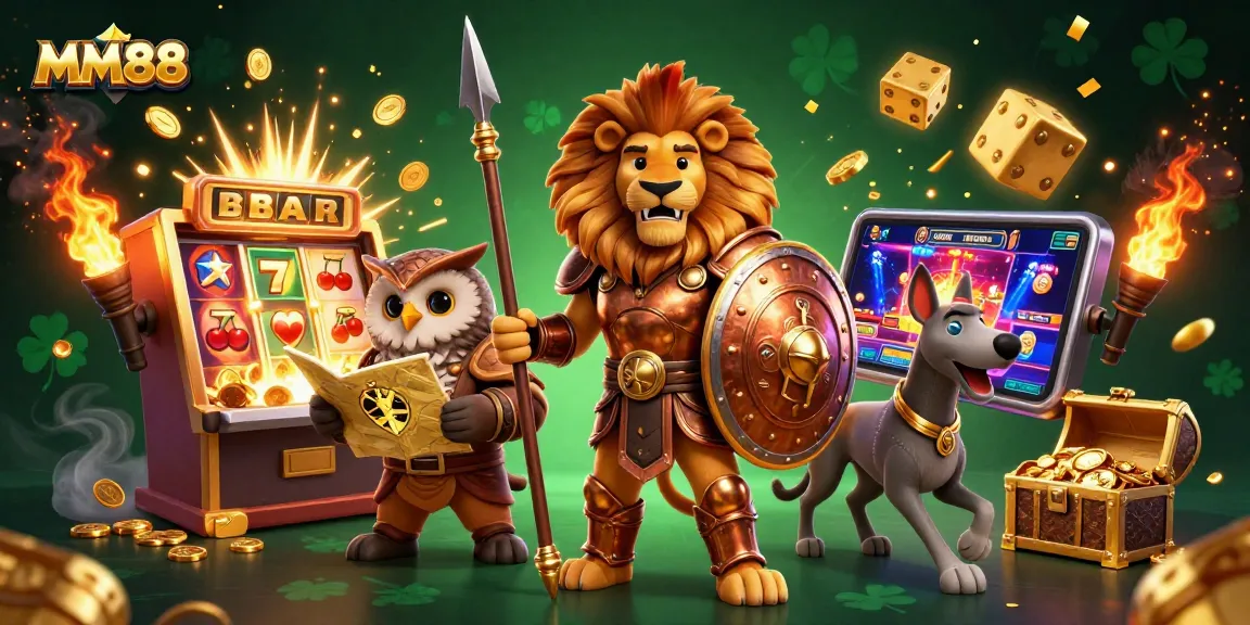 Experience thrilling gaming at MM88 with a vibrant 3D illustration featuring a Spartan lion, tactical owl, and swift greyhound.
