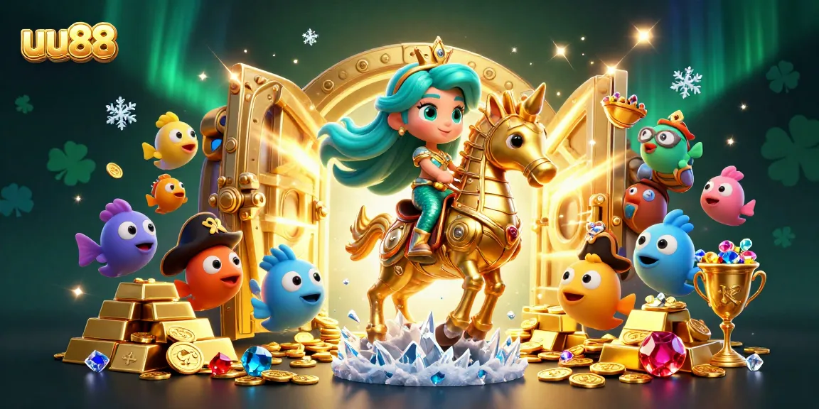 Join the excitement of UU88 with vibrant mermaid-themed gambling illustrations showcasing treasures and gaming action.