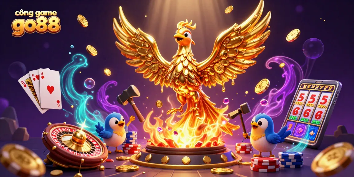 Experience thrilling gaming at cổng game go88 with a vibrant 3D casino art scene featuring gold coins and a phoenix.