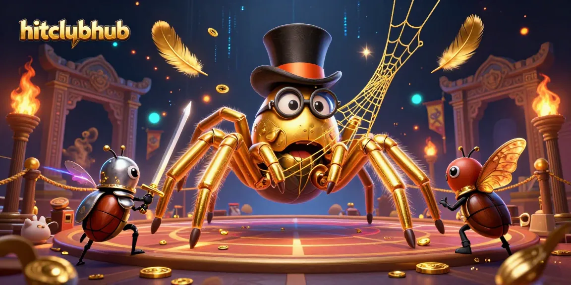 Engage with hitclubhub by witnessing a dynamic 3D cartoon scene showcasing a golden tarantula and a beetle knight.