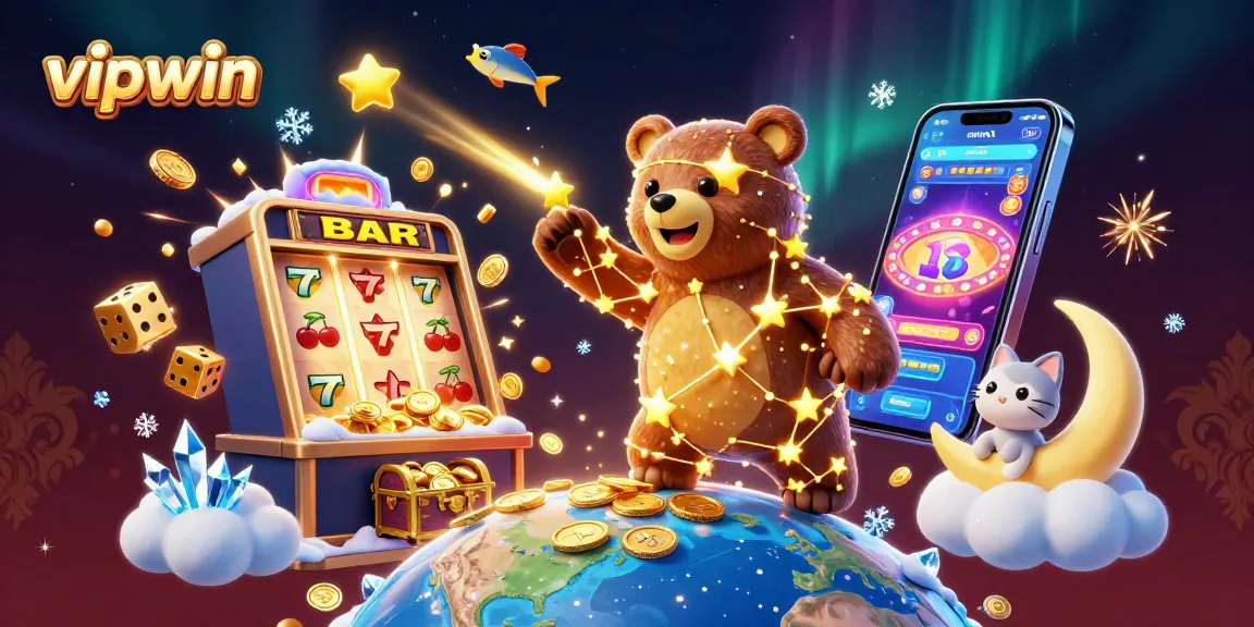 Win big at vipwin with dynamic 3D casino-themed illustration featuring magical characters and exciting game elements.